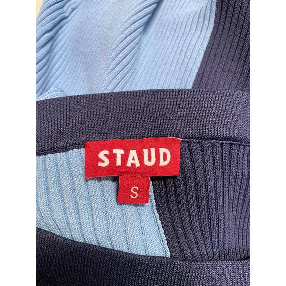 Staud 'Lorraine' Blue Viscose Two-Tone Ribbed-Knit Midi Skirt Size S - Picture 4 of 5